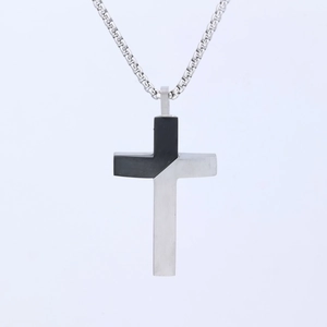 Retro stainless steel cross pendant necklace with two-tone silver and black finish