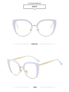 Cat eye optical frames in white and gold metal showing front and side views