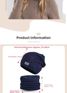 Detailed size specifications for navy blue winter knit hat and fleece neck warmer set