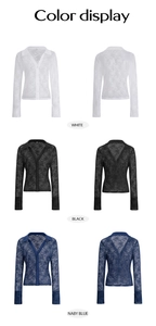 Lace button-down shirt available in white, black and navy blue with front and back views