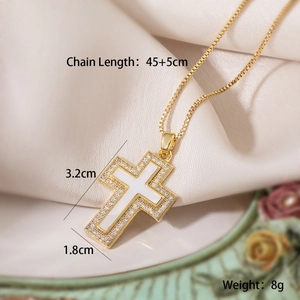 18K gold plated cross necklace with zircon inlay on silk background, 45cm chain length