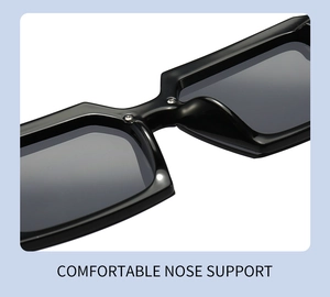 Detailed close-up of comfortable nose support and metallic hinge on square flat top sunglasses