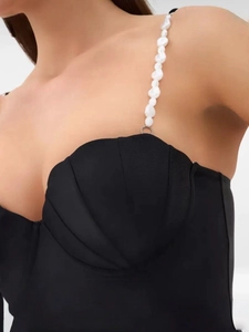 Solid black one-piece swimsuit with seashell pleated chest and baroque pearl chain straps
