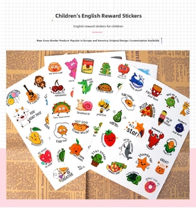 Detail of colorful cartoon reward stickers with English motivational puns for kids