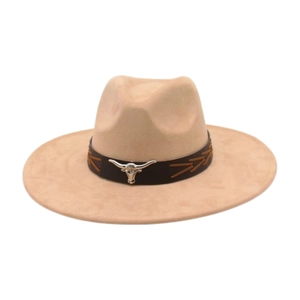 Detail showing western cowboy hat with a metal bull head ornament on leather band
