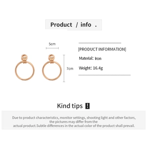 Infographic showing rose gold hoop earrings with dimensions, 16.4g weight, and iron material