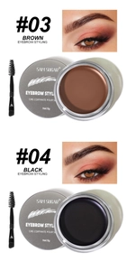 Detail of eyebrow styling wax in brown and black shades with dual-ended brushes