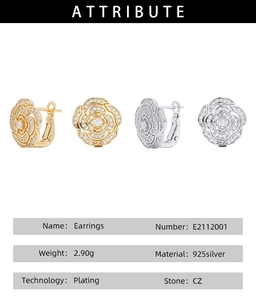 Macro detail of S925 sterling silver camellia stud earrings with sparkling CZ zircon stones