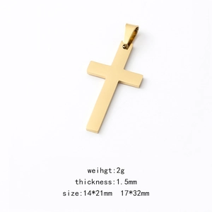 Golden stainless steel cross pendant with 1.5mm thickness and 2g weight on white background