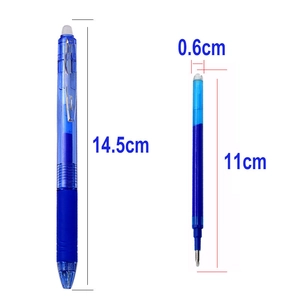 Detailed size specifications for blue erasable gel pen and matching refill cartridge