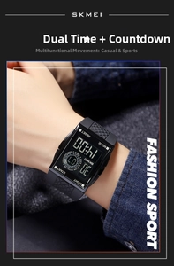 Close-up of a black SKMEI digital sports watch on wrist featuring a dual time display