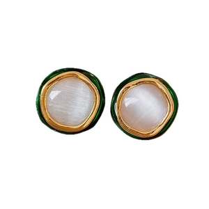 Elegant gold-plated cat eye stone stud earrings with green enamel and vintage round design