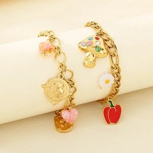 Gold stainless steel bracelet with mushroom carrot pendants and colorful rhinestones