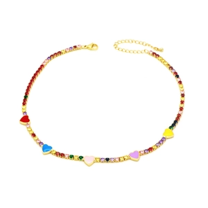 Detail of colorful enamel heart pendants and zircon tennis necklace in gold plating
