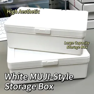 Minimalist White PP Plastic Storage Box Flip Top Dustproof Desktop Organizer For Stationery Cosmetics Journal Stickers