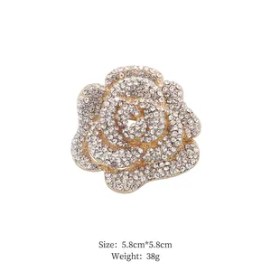 Detailed view of rose flower brooch with rhinestones, size 5.8cm by 5.8cm, weighing 38g