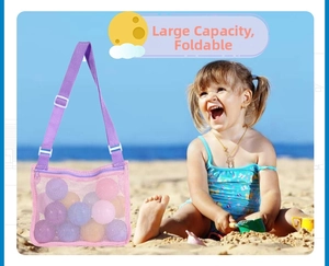 Pink and purple mesh beach bag with adjustable strap and large storage capacity