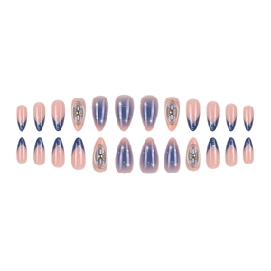 Blue and pink gradient almond press-on nails with golden stars and white starbursts