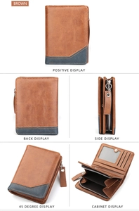 Multi-angle view of a brown bifold wallet featuring card slots and zipper closure