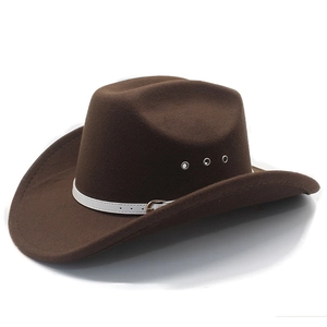 Breathable dark brown wool felt western cowboy hat with wide brim and white belt decoration