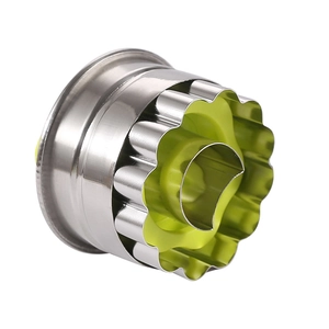 Modern stainless steel round cookie cutter with green plastic plunger for DIY baking