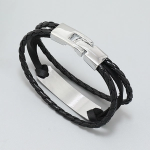 Men's multilayer braided black leather bracelet with engraved silver metal plate