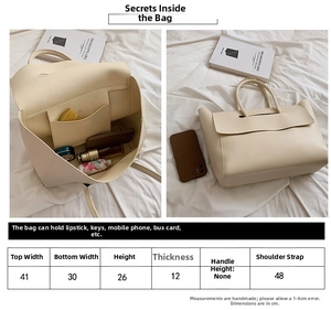 Detailed size chart for women large tote bag showing dimensions and strap length