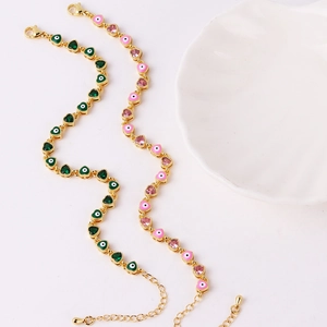 Adjustable evil eye heart bracelets with pink and green enamel in gold plated finish