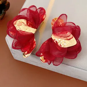 Oversized 3D Chiffon Flower Earrings With Hammered Metal Center And Silver Earring Post Vintage Vacation Jewelry For Women
