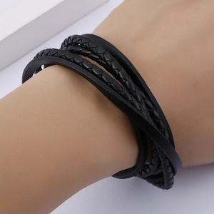 Men's punk style multi-layer braided leather bracelet with titanium steel accents