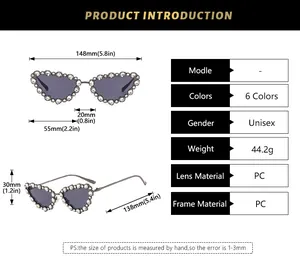 Detailed size guide for cat eye sunglasses with metal frame and luxury rhinestone accents