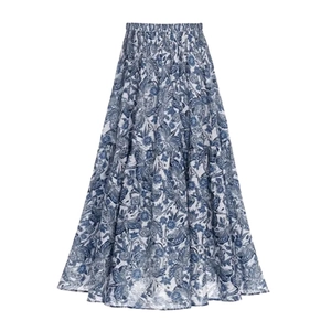 Detailed view of blue paisley maxi skirt featuring layered ruffles and elastic waist