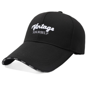 Black baseball cap with Vintage YOURSELF embroidery and SPORT lettered brim trim