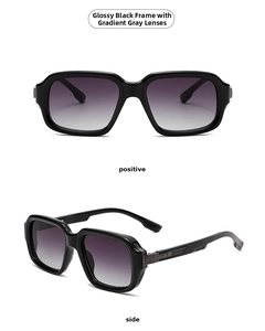 Front and side views of oversized aviator sunglasses with black frames and gradient grey lenses