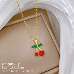 Detail of red cherry pendant with 40+5cm chain and product specifications display