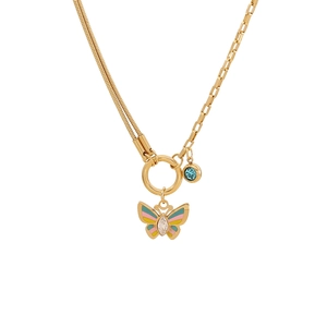 Golden butterfly necklace with mixed chains, enamel pendant, and blue gemstone accent