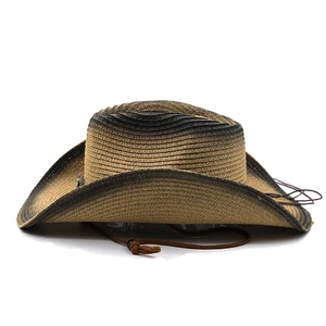 Detail of western straw hat with ombre gradient weave and adjustable chin strap
