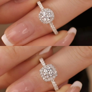 Bagues halo élégantes en coupes ronde et coussin avec moissanite 1 carat et pavé
