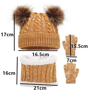 Detailed dimensions of yellow knit kids' beanie, scarf, and gloves winter set