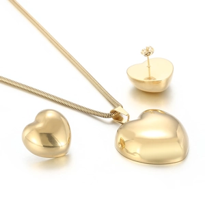 Golden stainless steel heart jewelry set with snake chain necklace and stud earrings