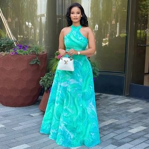 Halter Neck Sleeveless Maxi Dress Green Marble Print Mesh Vacation Long Dresses For Women