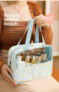 Detail of blue floral toiletry bag with clear PVC window and daisy pattern prints