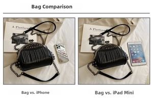 Detailed size comparison of the black studded tassel shell bag with iPhone and iPad mini