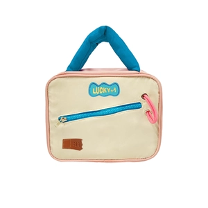 Cute contrast color makeup bag with LUCKY+1 embroidery and portable handle design