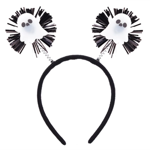 Detail of Halloween headband featuring spring-mounted white ghosts with black tassels