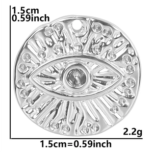 Detailed size chart for 1.5cm stainless steel evil eye pendant showing weight and diameter
