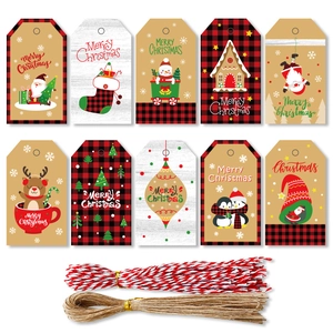 Set of 100 Christmas kraft paper gift tags with festive designs and hanging strings