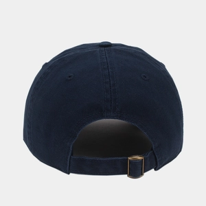 Detailed back view of navy blue cotton baseball cap with adjustable metal buckle strap