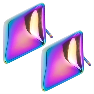 Macro view of geometric rhombus 304 stainless steel earrings with rainbow gradient plating