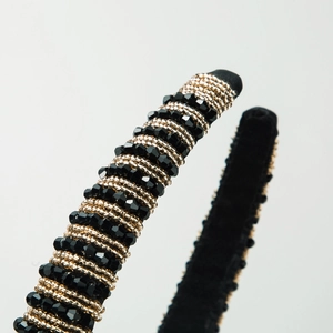 Retro baroque headband with hand-sewn black glass crystals and gold beads on velvet
